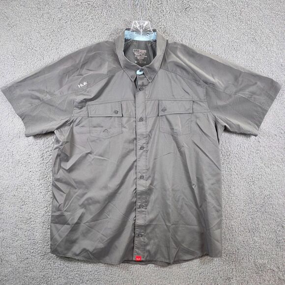 Huk Performance Men's Fishing Button Down Vented Short Sleeve Gray Shirt Size XL - Picture 1 of 11